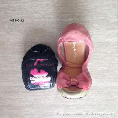 Ballet Shoes, Folding Transparent PVC Outsole, Gross Grain Bow on Toe, Comfortable Leather Cushion